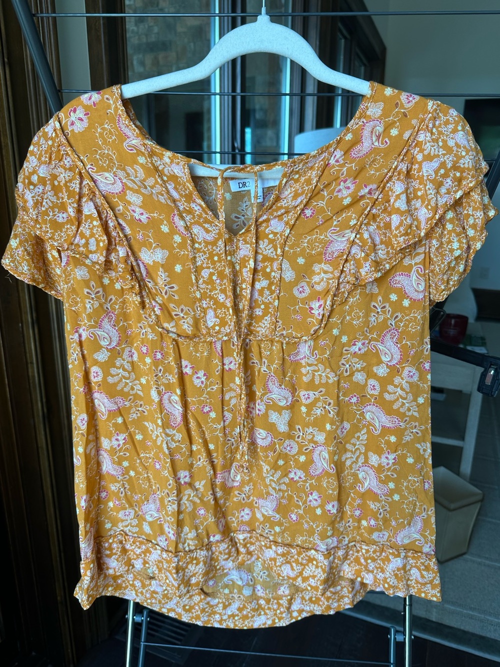 DR2 Golden Mustard Paisley Ruffle Short Sleeve Blouse